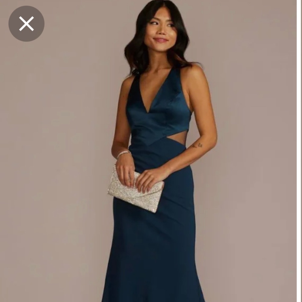 David's Bridal Crepe Sheath Plunge Long Gown With Ill… - Gem